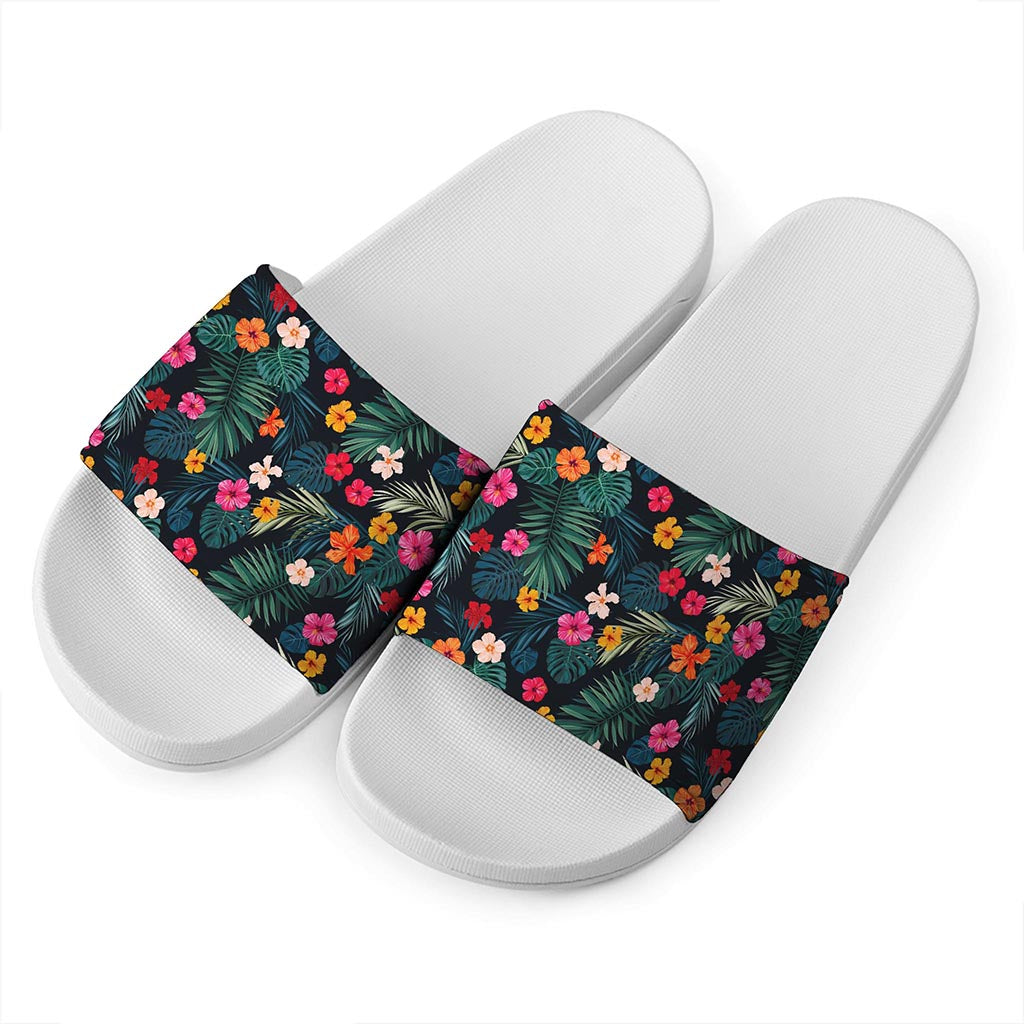 Tropical Flowers Hawaii Pattern Print White Slide Sandals