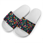 Tropical Flowers Hawaii Pattern Print White Slide Sandals