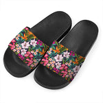Tropical Flowers Pattern Print Black Slide Sandals