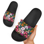 Tropical Flowers Pattern Print Black Slide Sandals