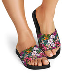 Tropical Flowers Pattern Print Black Slide Sandals