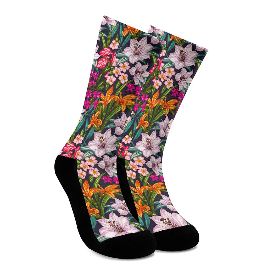 Tropical Flowers Pattern Print Crew Socks