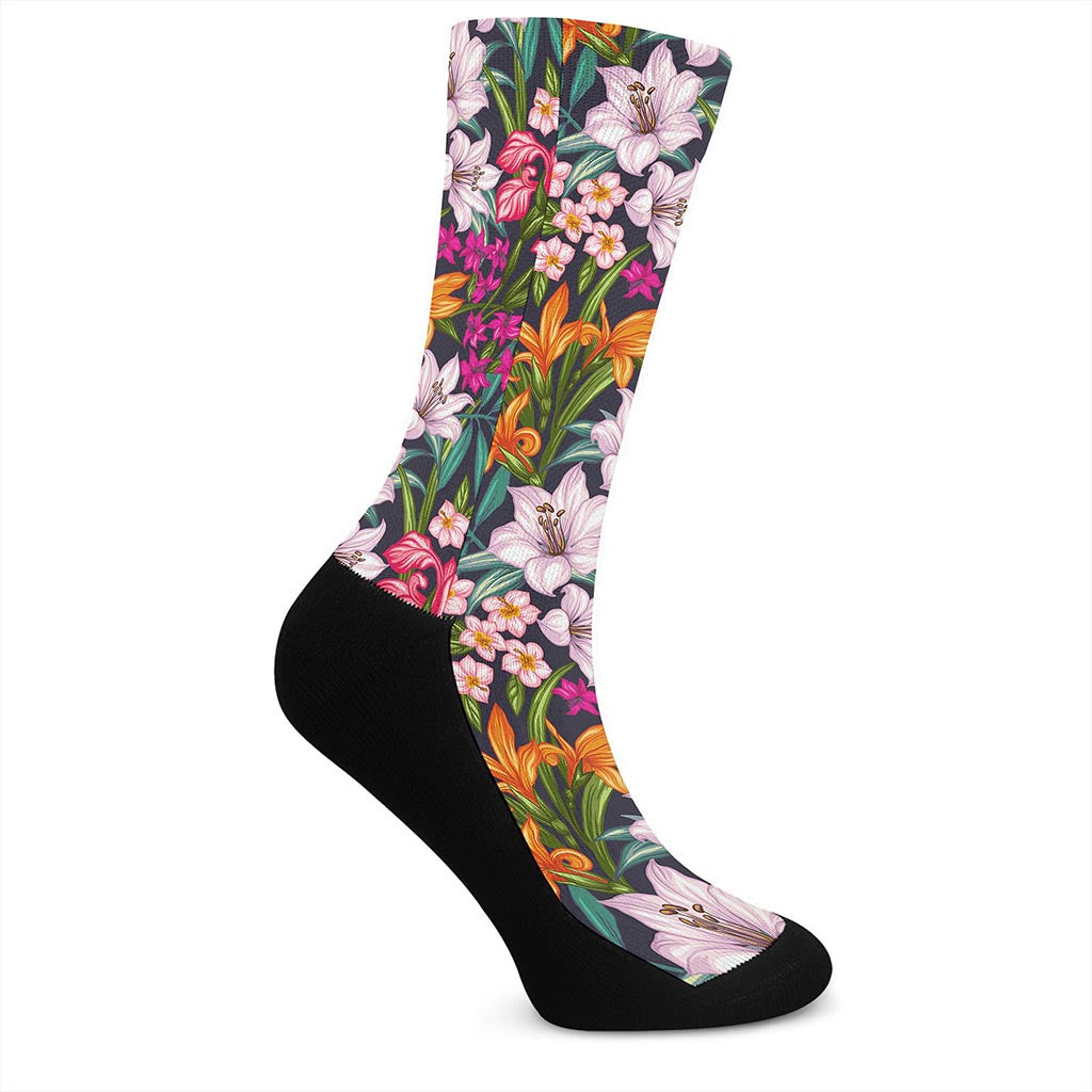 Tropical Flowers Pattern Print Crew Socks