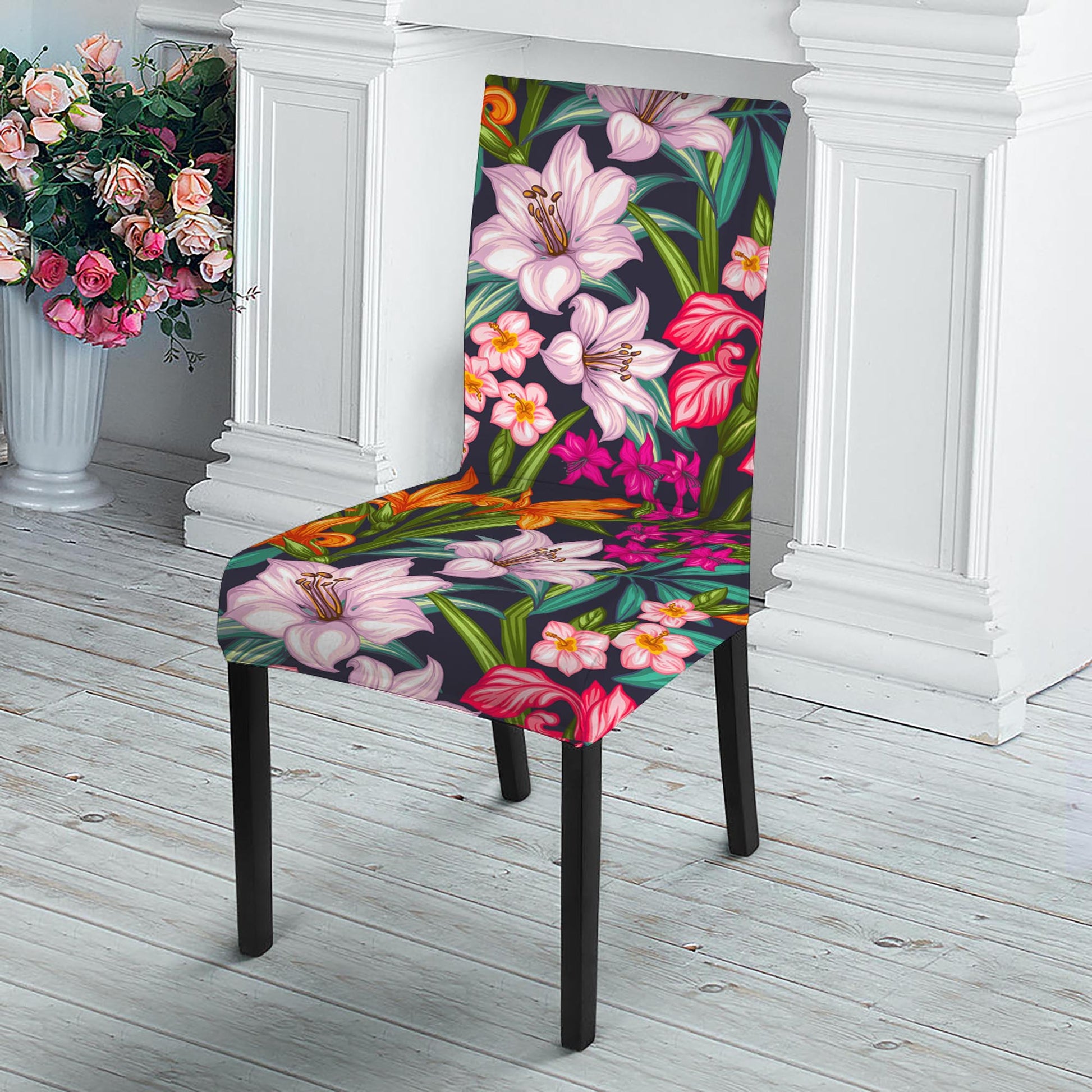 Tropical Flowers Pattern Print Dining Chair Slipcover