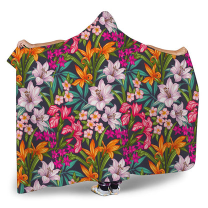 Tropical Flowers Pattern Print Hooded Blanket