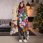 Tropical Flowers Pattern Print Hooded Blanket