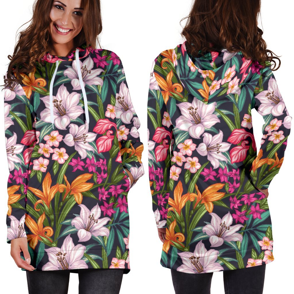 Tropical Flowers Pattern Print Hoodie Dress GearFrost