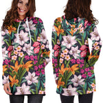 Tropical Flowers Pattern Print Hoodie Dress GearFrost