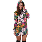 Tropical Flowers Pattern Print Hoodie Dress GearFrost
