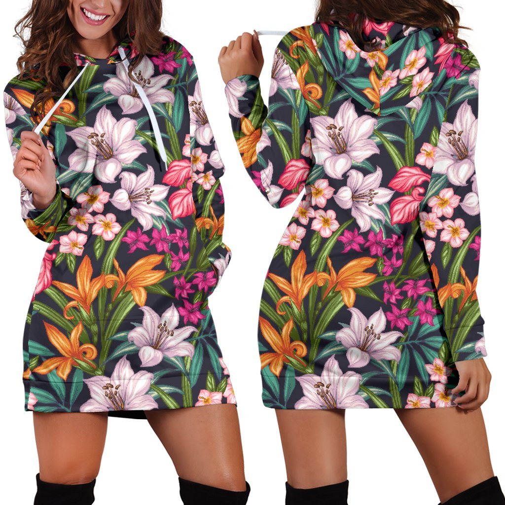 Tropical Flowers Pattern Print Hoodie Dress GearFrost
