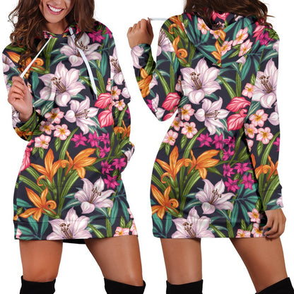 Tropical Flowers Pattern Print Hoodie Dress GearFrost