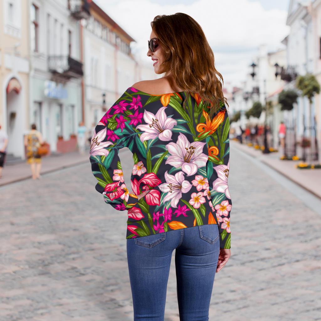 Tropical Flowers Pattern Print Off Shoulder Sweatshirt GearFrost