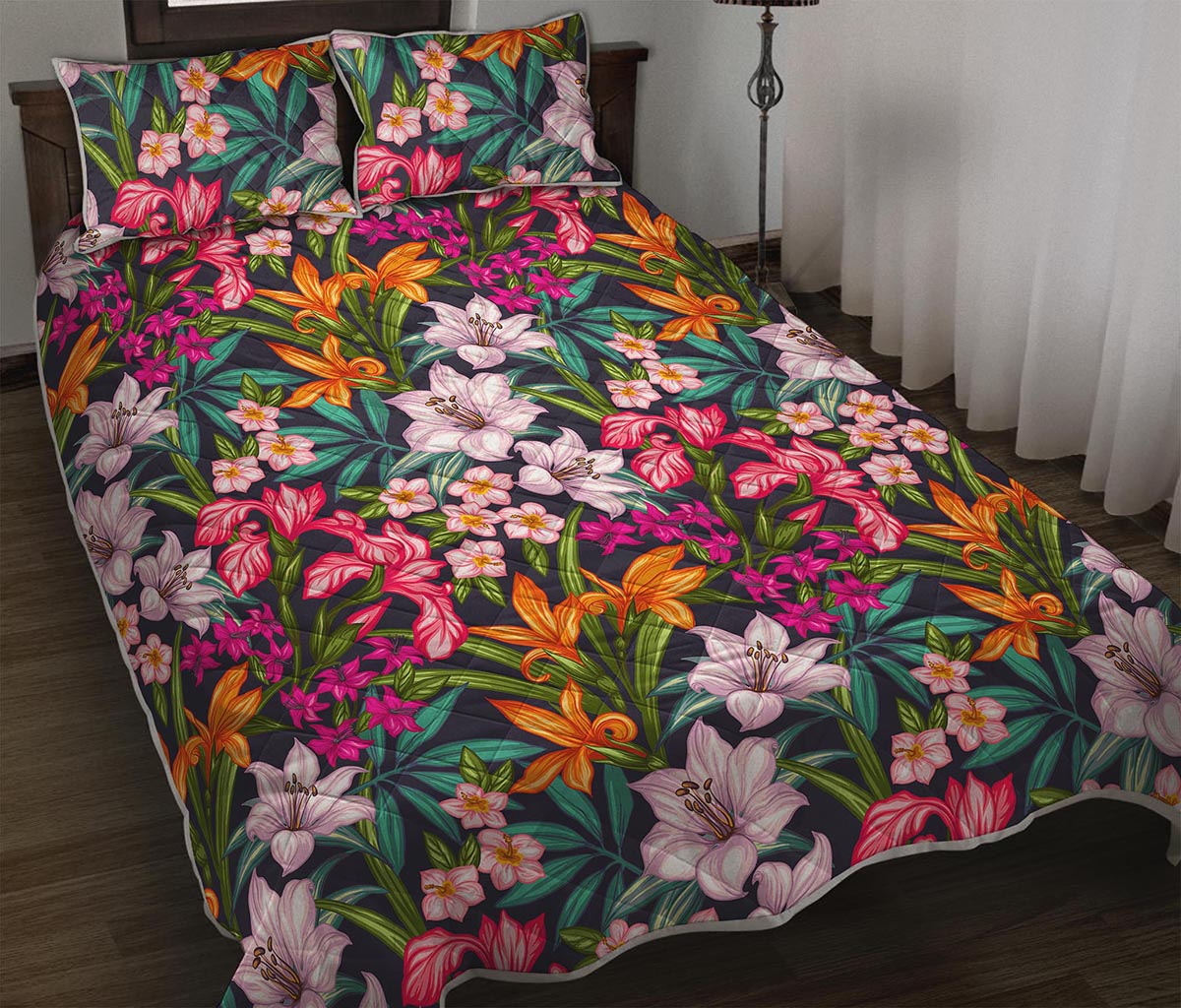 Tropical Flowers Pattern Print Quilt Bed Set