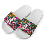 Tropical Flowers Pattern Print White Slide Sandals