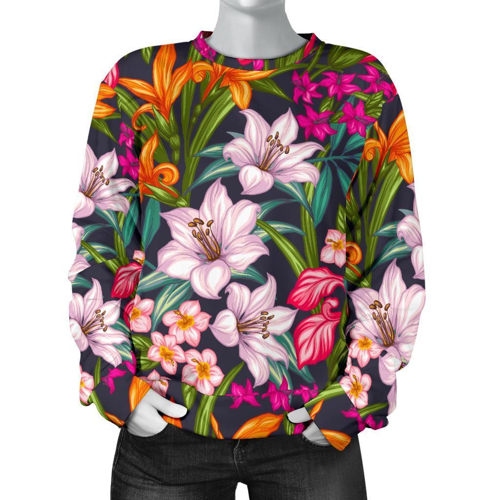 Tropical Flowers Pattern Print Women's Crewneck Sweatshirt GearFrost
