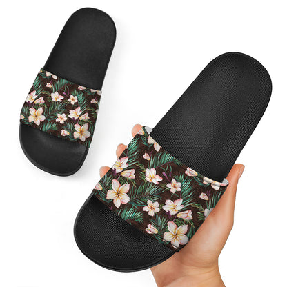 Tropical Frangipani Flower Print Black Slide Sandals
