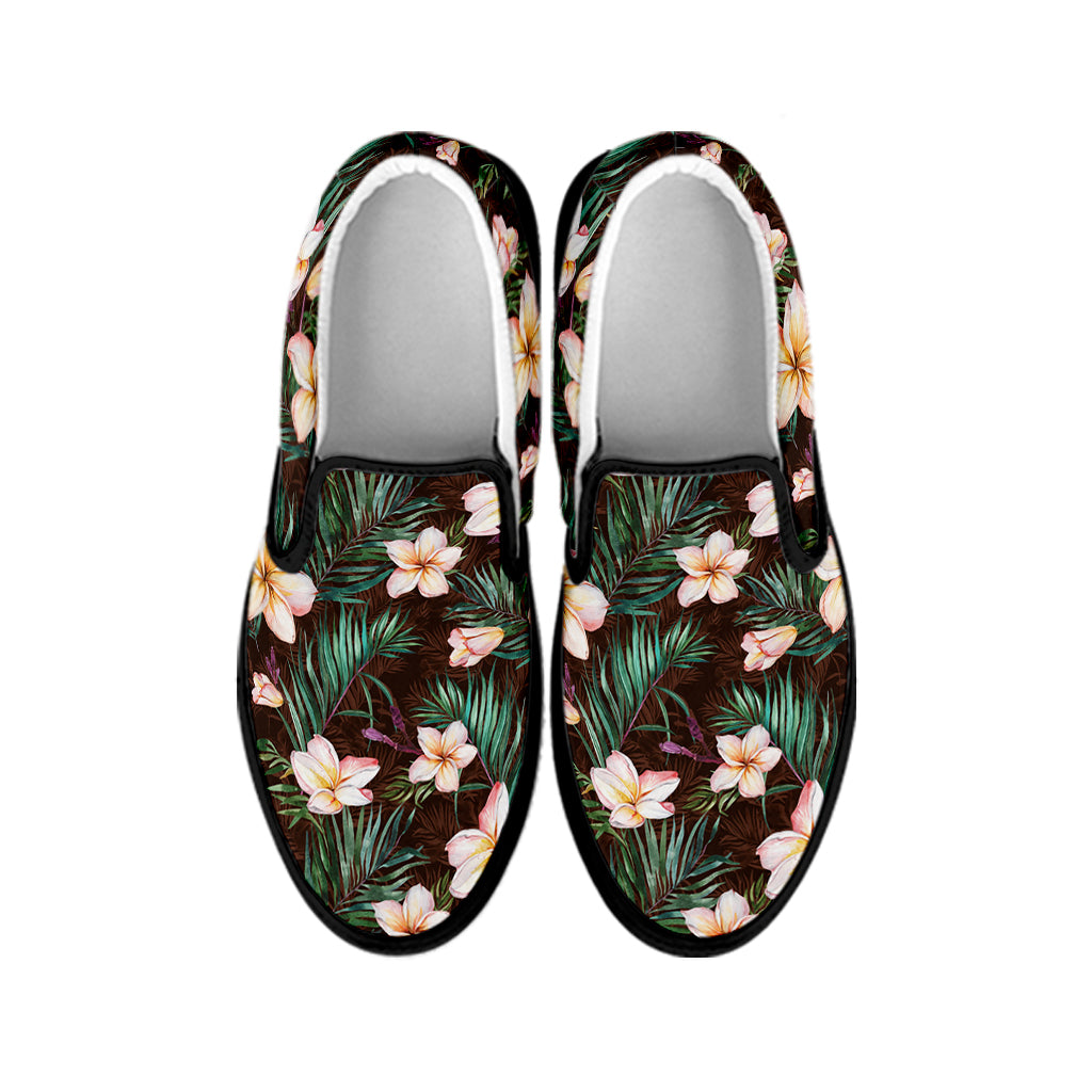 Tropical Frangipani Flower Print Black Slip On Shoes