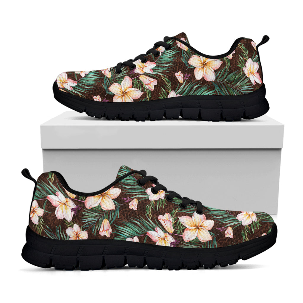 Tropical Frangipani Flower Print Black Sneakers