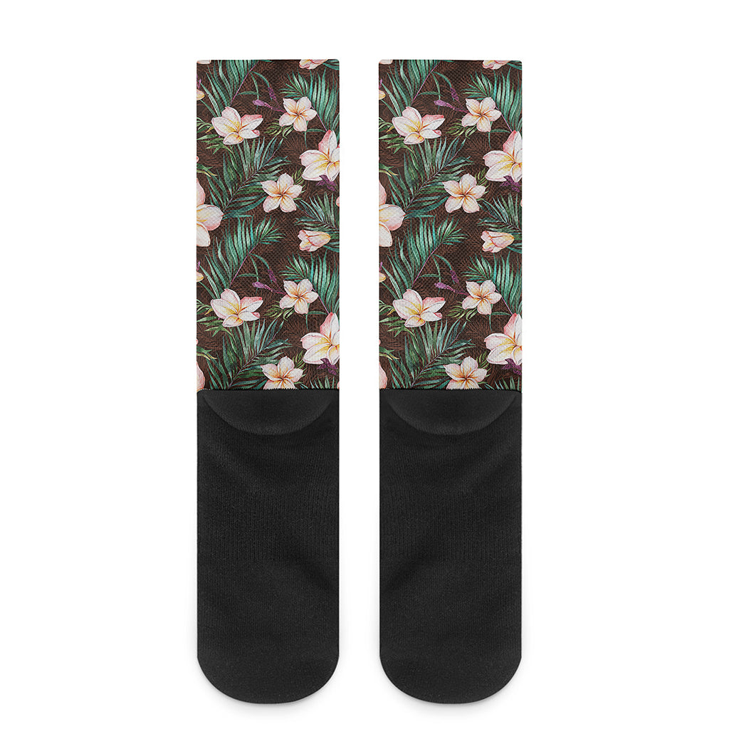 Tropical Frangipani Flower Print Crew Socks