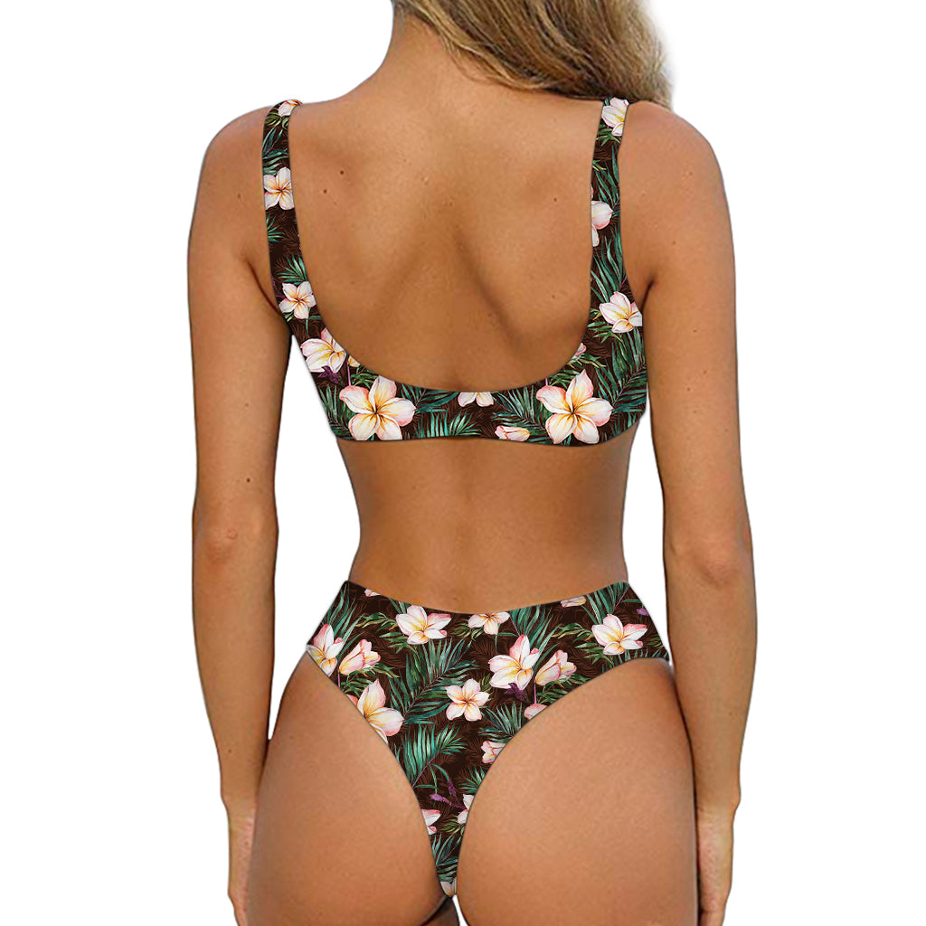 Tropical Frangipani Flower Print Front Bow Tie Bikini