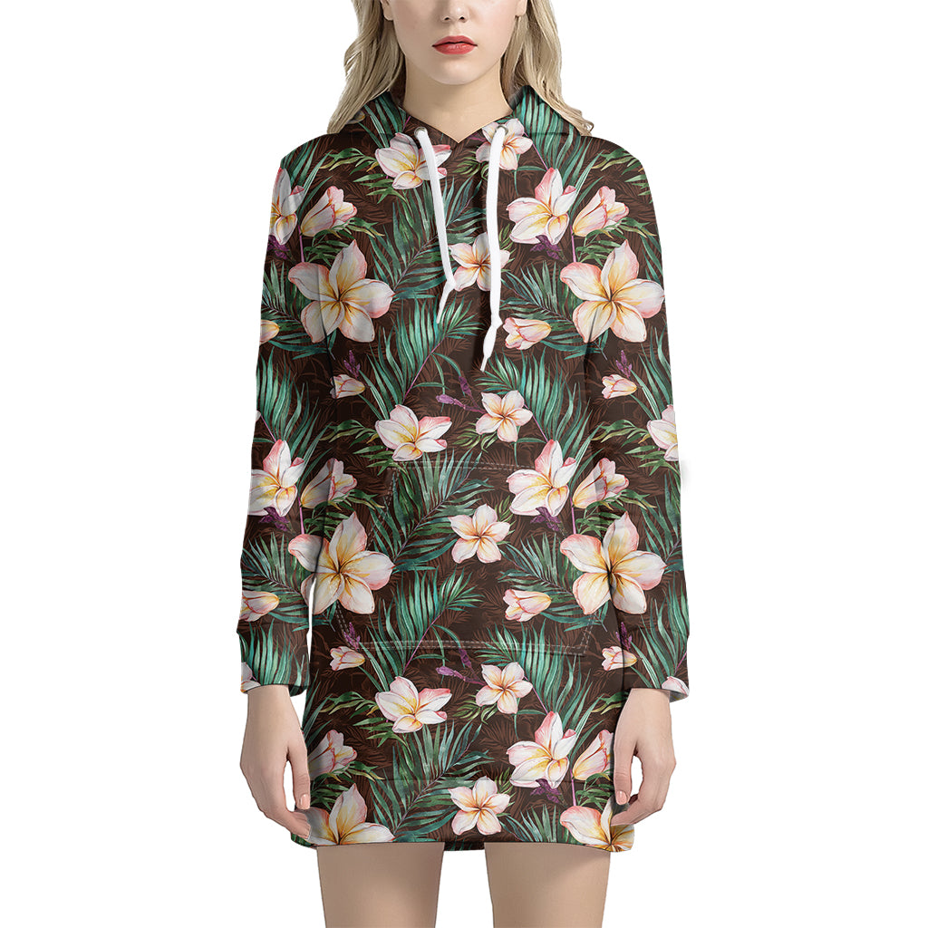 Tropical Frangipani Flower Print Hoodie Dress