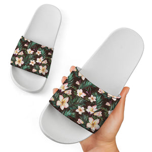 Tropical Frangipani Flower Print White Slide Sandals