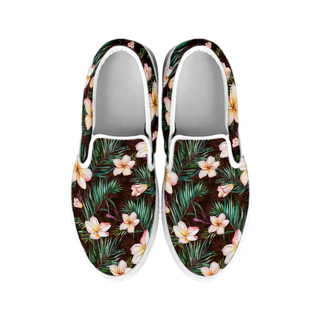Tropical Frangipani Flower Print White Slip On Shoes