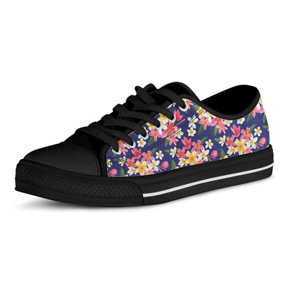 Tropical Frangipani Plumeria Print Black Low Top Shoes