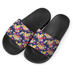 Tropical Frangipani Plumeria Print Black Slide Sandals