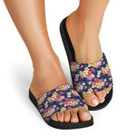 Tropical Frangipani Plumeria Print Black Slide Sandals