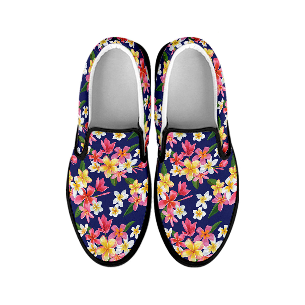 Tropical Frangipani Plumeria Print Black Slip On Shoes