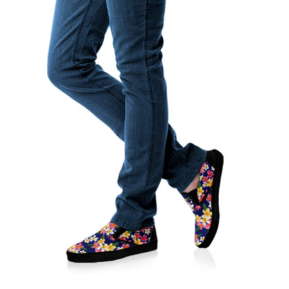 Tropical Frangipani Plumeria Print Black Slip On Shoes