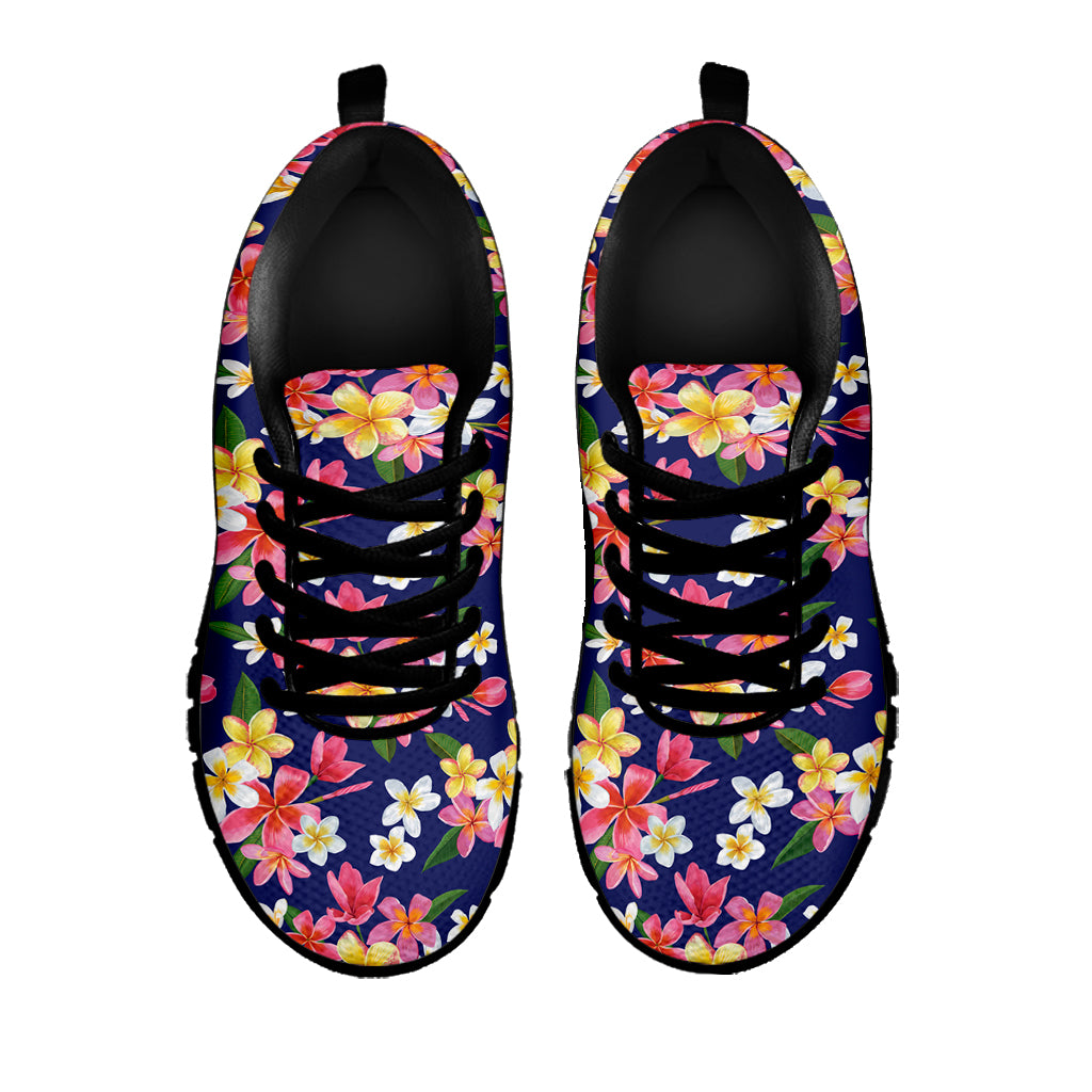 Tropical Frangipani Plumeria Print Black Sneakers