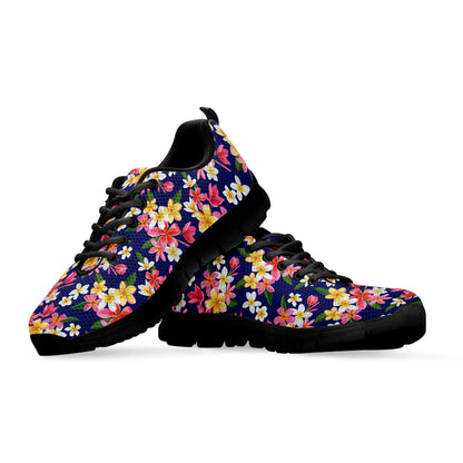 Tropical Frangipani Plumeria Print Black Sneakers