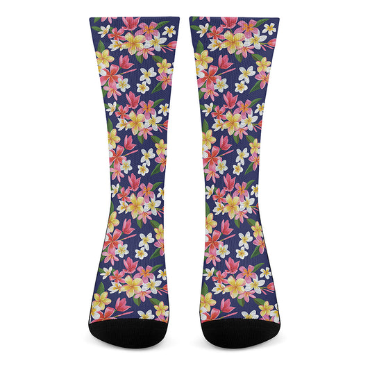 Tropical Frangipani Plumeria Print Crew Socks