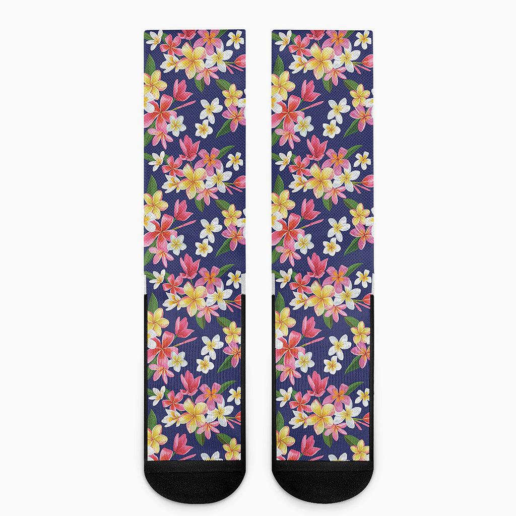 Tropical Frangipani Plumeria Print Crew Socks