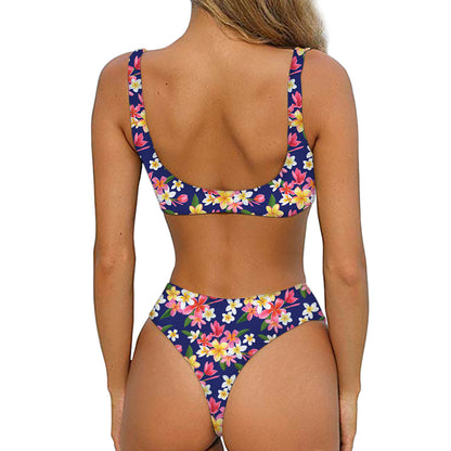 Tropical Frangipani Plumeria Print Front Bow Tie Bikini