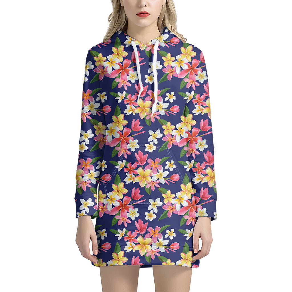 Tropical Frangipani Plumeria Print Hoodie Dress