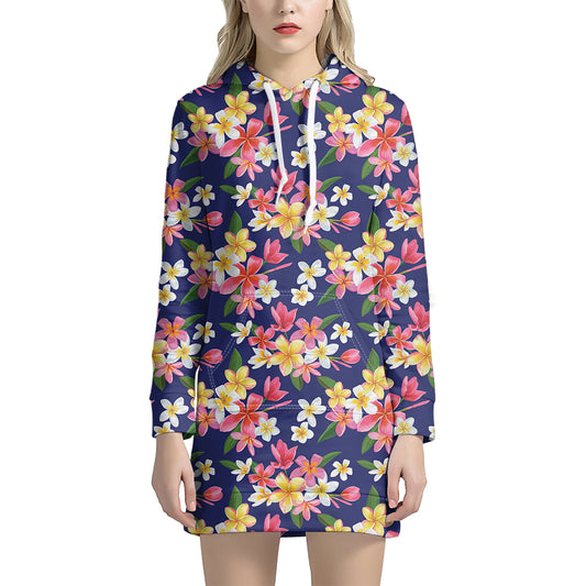 Tropical Frangipani Plumeria Print Hoodie Dress