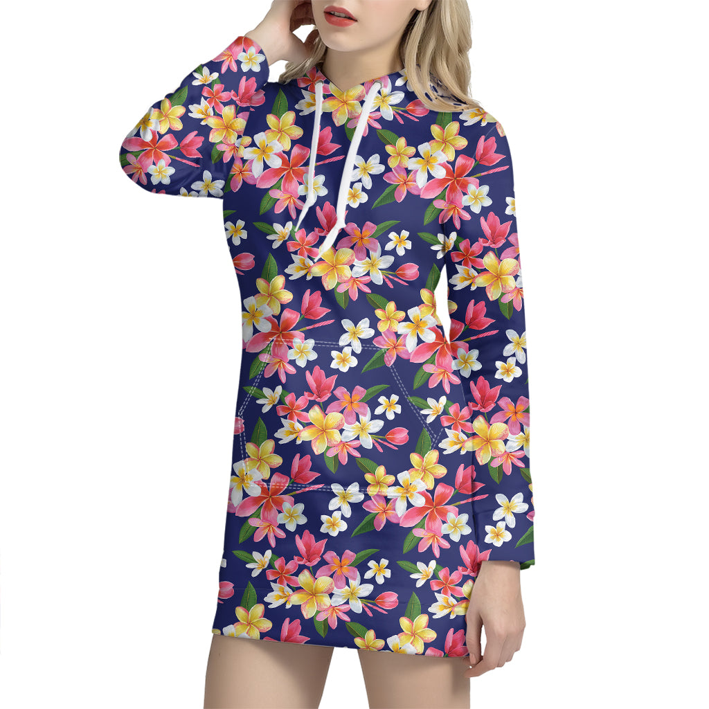 Tropical Frangipani Plumeria Print Hoodie Dress