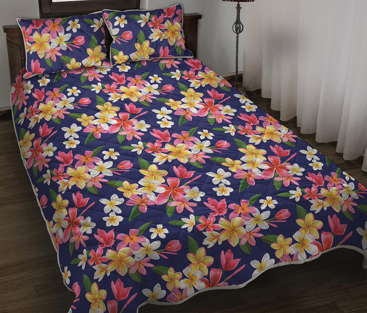 Tropical Frangipani Plumeria Print Quilt Bed Set