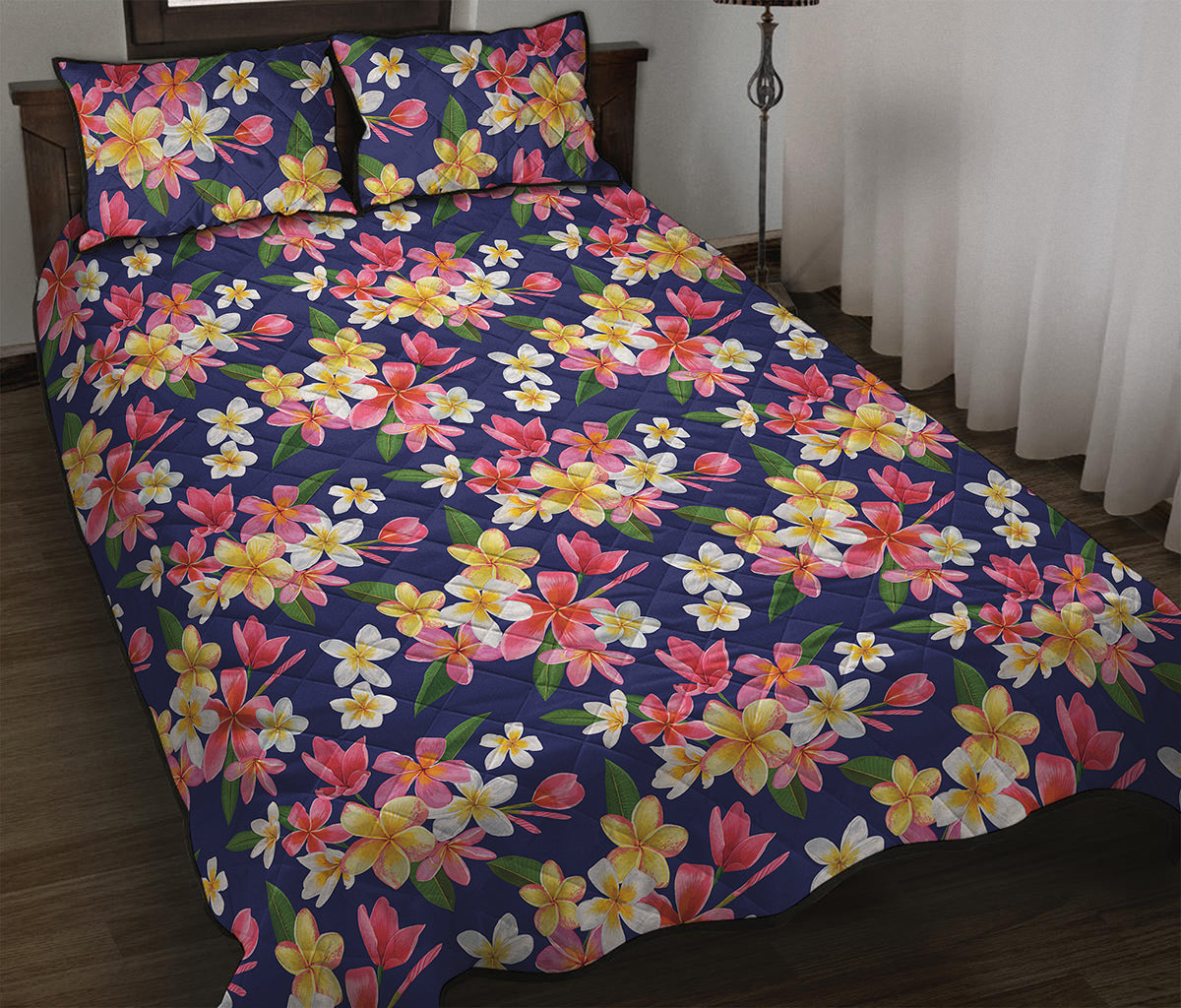 Tropical Frangipani Plumeria Print Quilt Bed Set