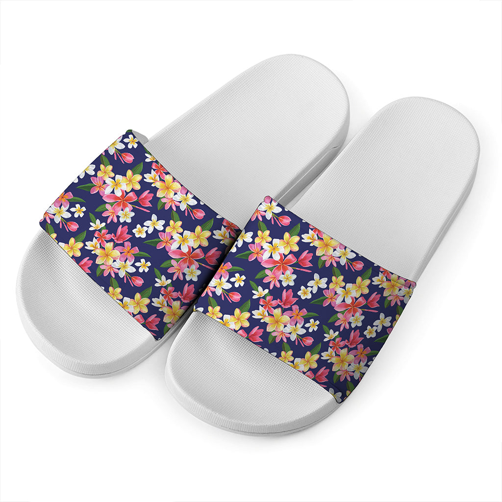 Tropical Frangipani Plumeria Print White Slide Sandals