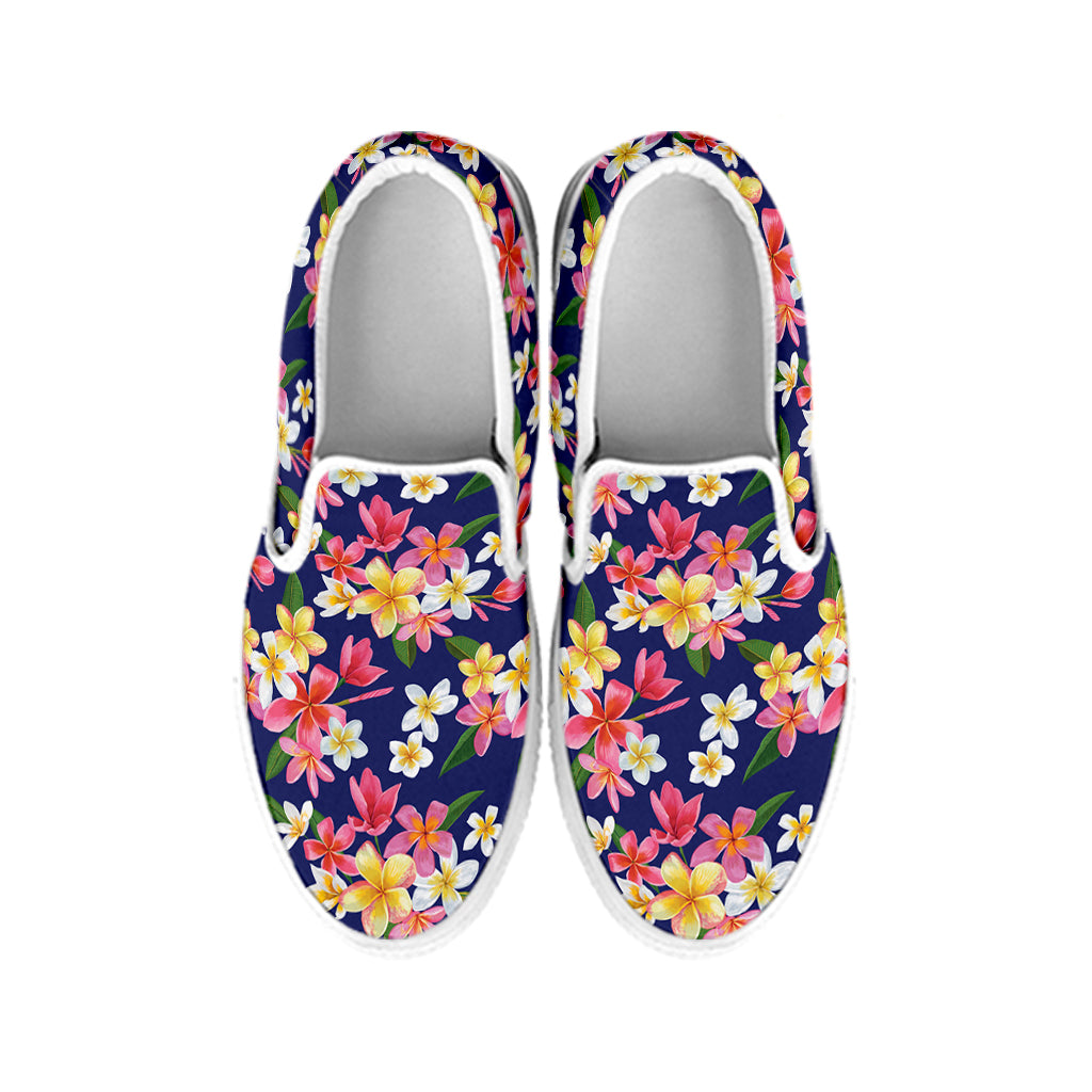 Tropical Frangipani Plumeria Print White Slip On Shoes