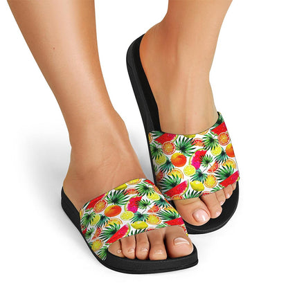 Tropical Fruit Leaf Pattern Print Black Slide Sandals