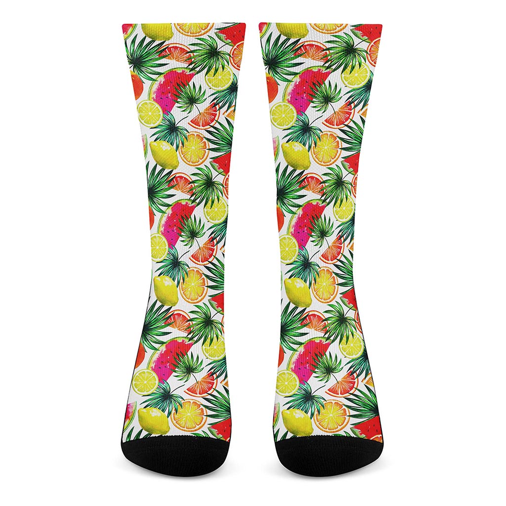 Tropical Fruit Leaf Pattern Print Crew Socks