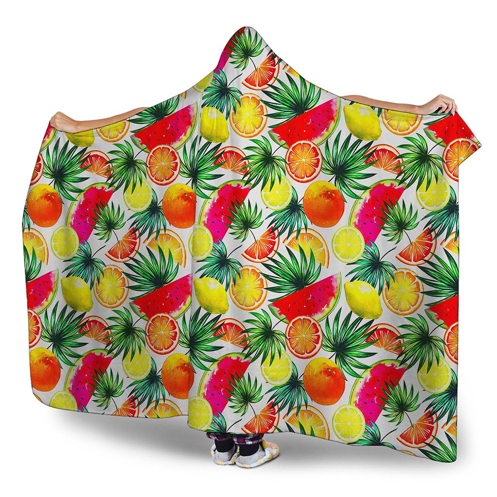 Tropical Fruit Leaf Pattern Print Hooded Blanket