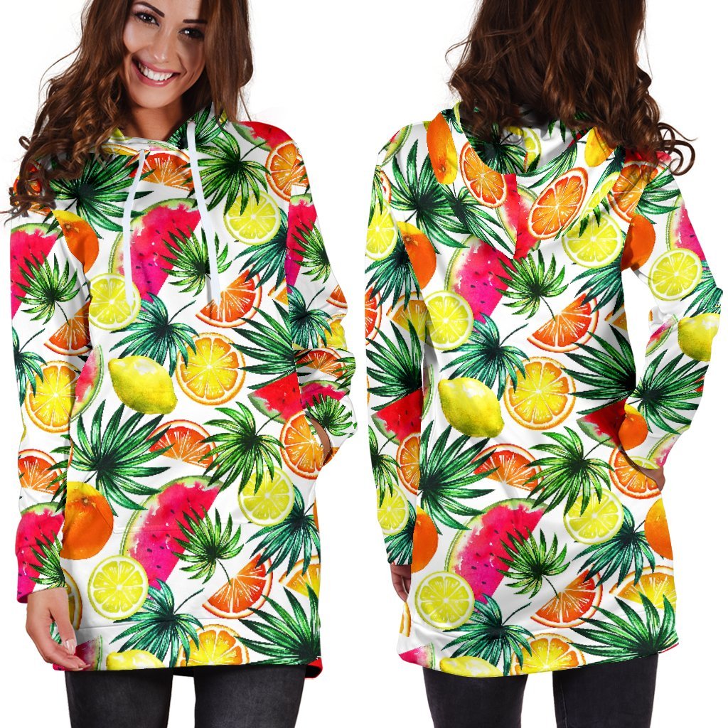 Tropical Fruit Leaf Pattern Print Hoodie Dress GearFrost