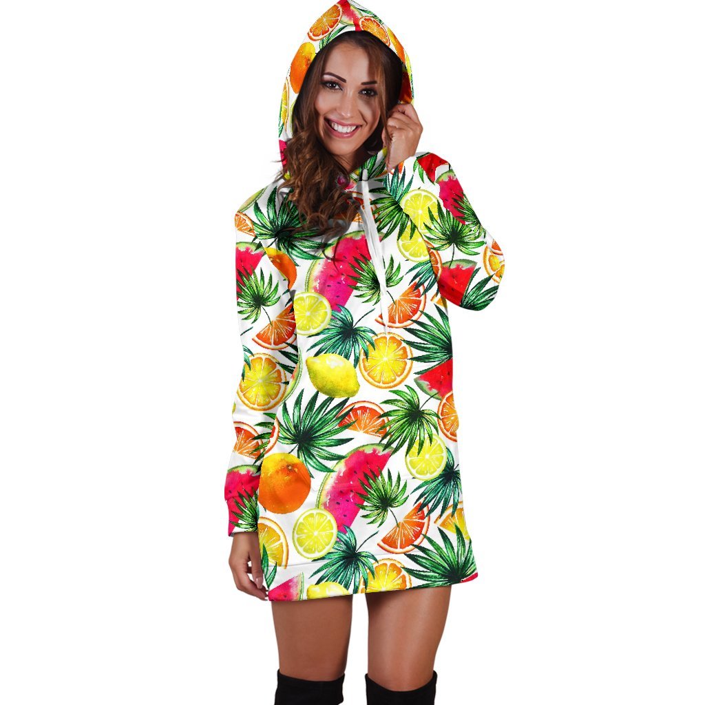 Tropical Fruit Leaf Pattern Print Hoodie Dress GearFrost