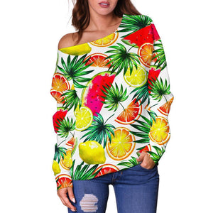 Tropical Fruit Leaf Pattern Print Off Shoulder Sweatshirt GearFrost